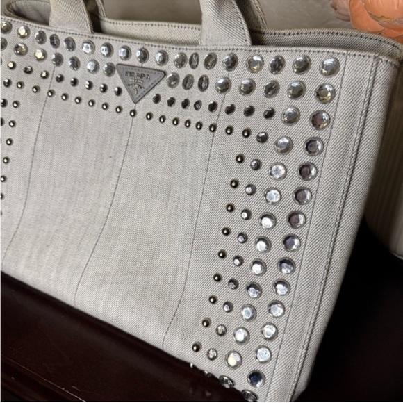 Prada Canapa Rare Prada Bianca Denim Studded Silver Canapa Tote Bag - Picture 3 of 6